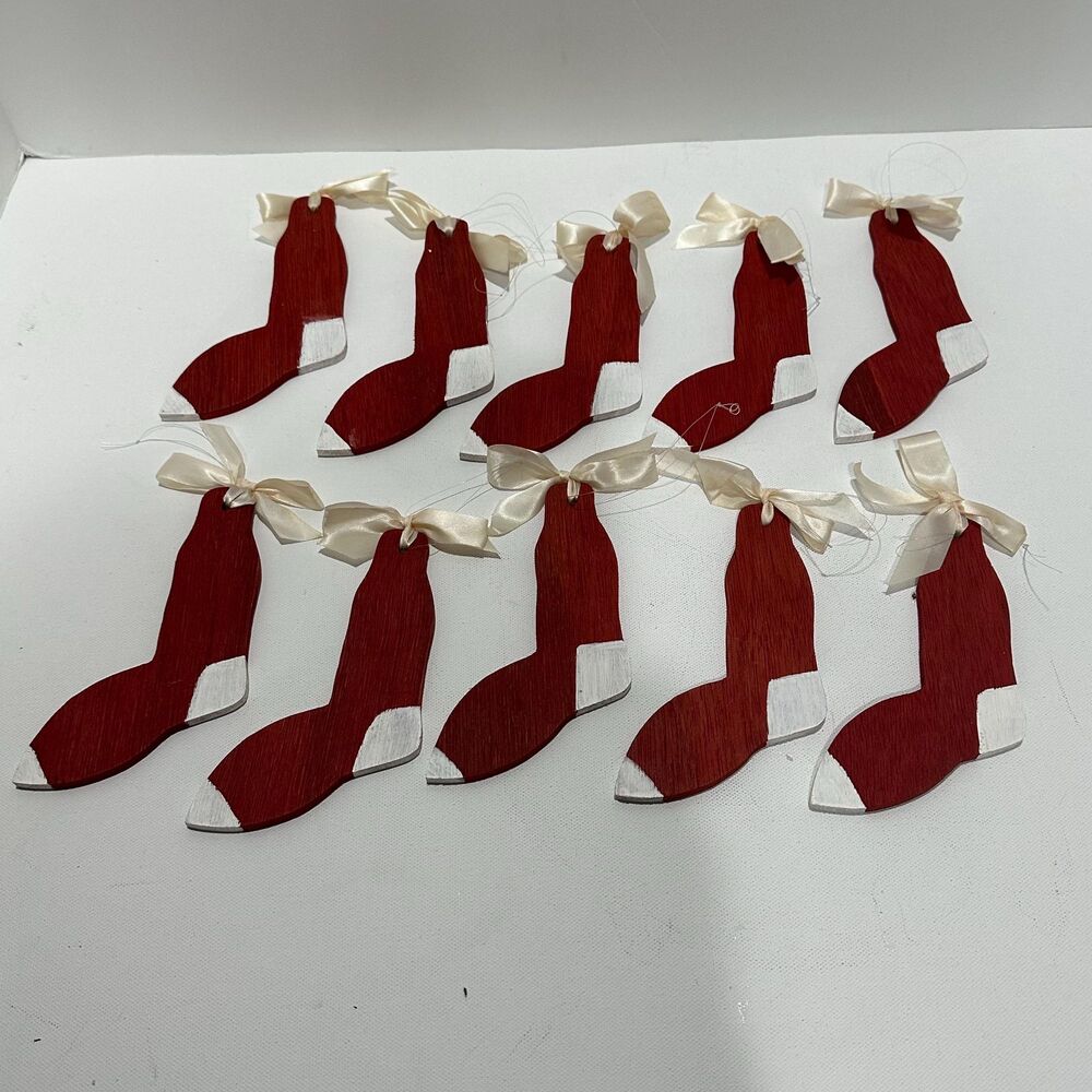 10 Vtg Handcrafted Wooden Stocking Ornaments  in Red & White - 5 1/2” x 3 1/2”